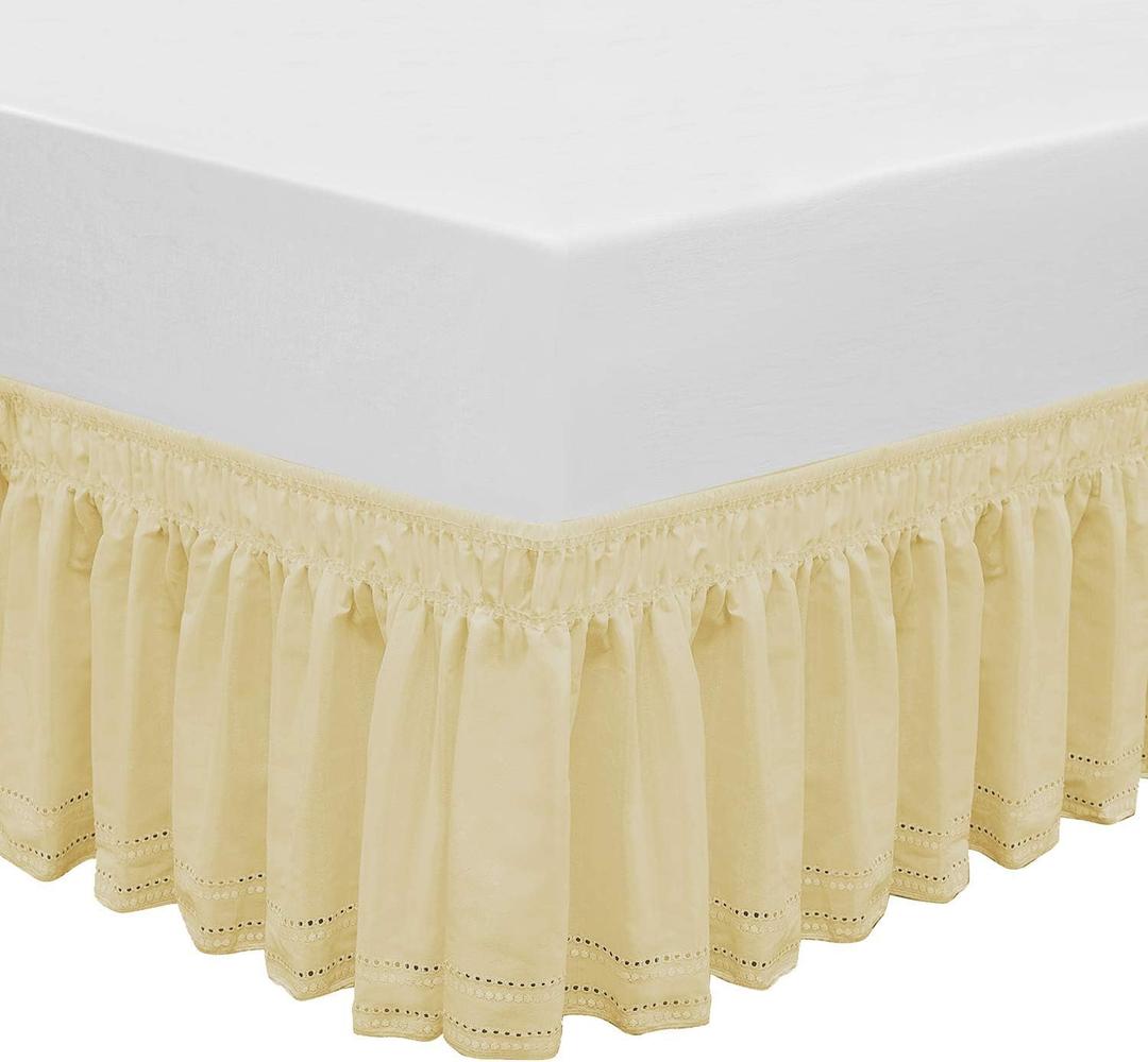 Wrap Around Elastic Eyelet Bed Skirt Dust Ruffle (Gold-1, Embroidery-Queen/King-14 1/2 Inch Drop)