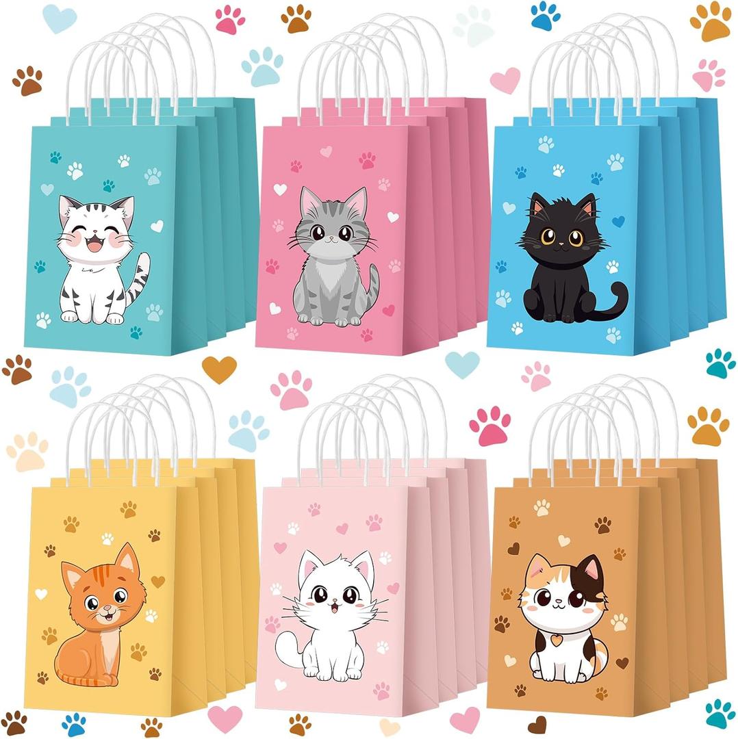 Zhanmai 24 Pcs Cat Birthday Party Favors Bags Bulk for Goodie Gifts Cute Kitty Candy Treat Paper Bags with Handles for Kitten Birthday Party Decoration Supplies Pet Adoption