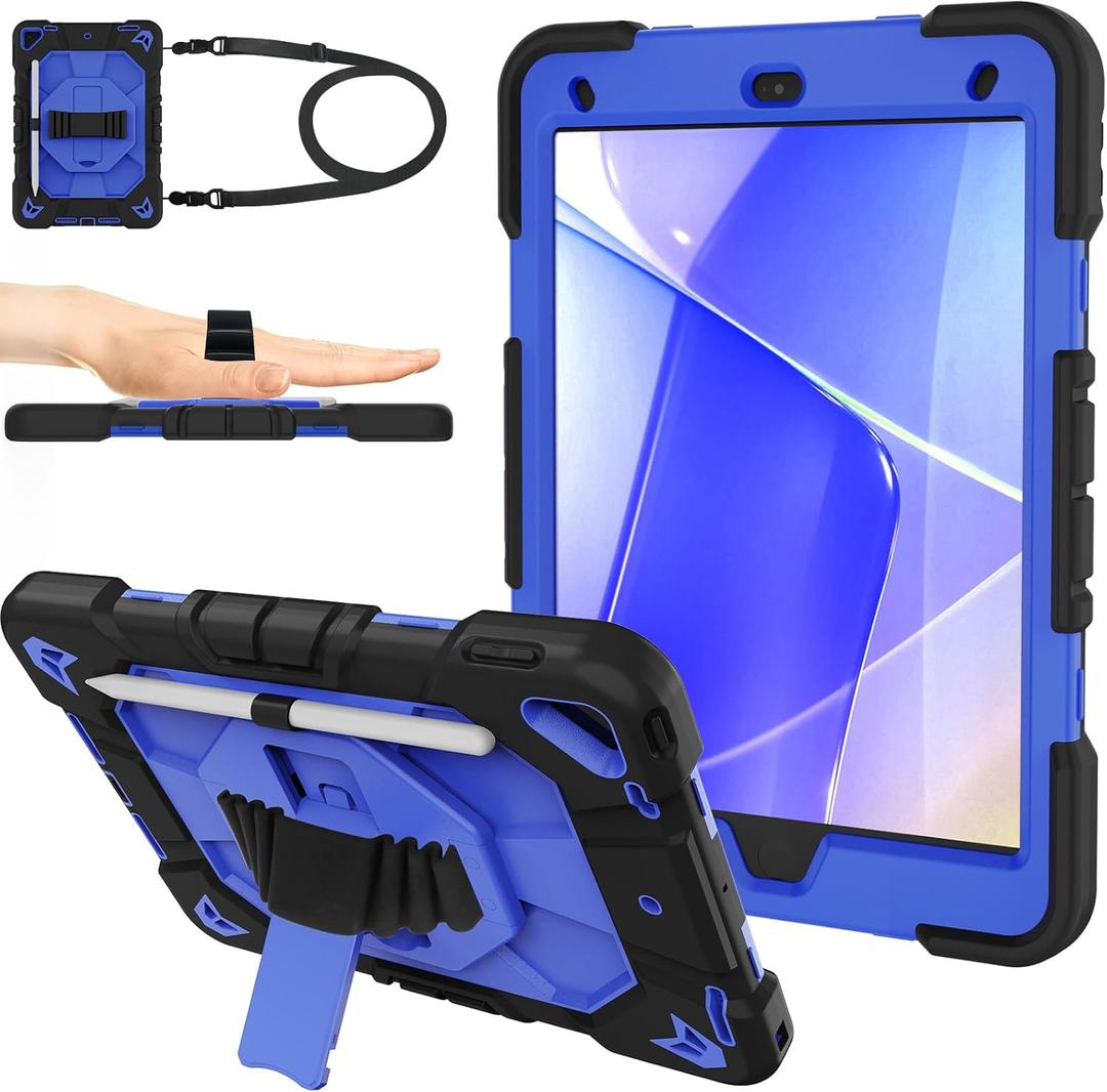 Case for iPad 9th/8th/7th Generation Case 10.2" InchShockproof Hard Cas Cover Compatible with iPad 9th/8th/7th Gen,360 Rotating Stand, Hand Strap, Shoulder Strap, Pencil Holder(Black+Blue)
