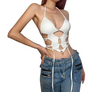 Women's Sexy Cut Out Deep V Neck Halter Crop Top Sleeveless Criss Cross Tank Top Tie Up Backless Cami Crop Top White (White, M)