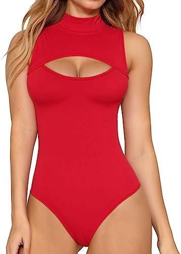 MANGOPOP Women's Mock Neck Cutout Front Bodysuit Long Sleeve Sleeveless Turtle Neck Body Suits Sexy Tops XXL