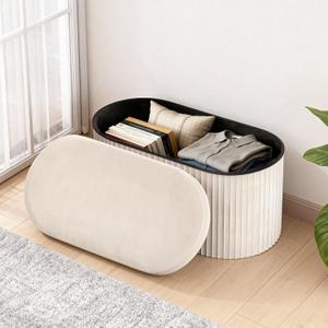 GLAXYFUR Oval Folding Storage Ottoman, Velvet Upholstered Foot Rest, 30 x 15 x 15 Inches Storage Bench for Bedroom, Living Room & Entryway (Beige-New)