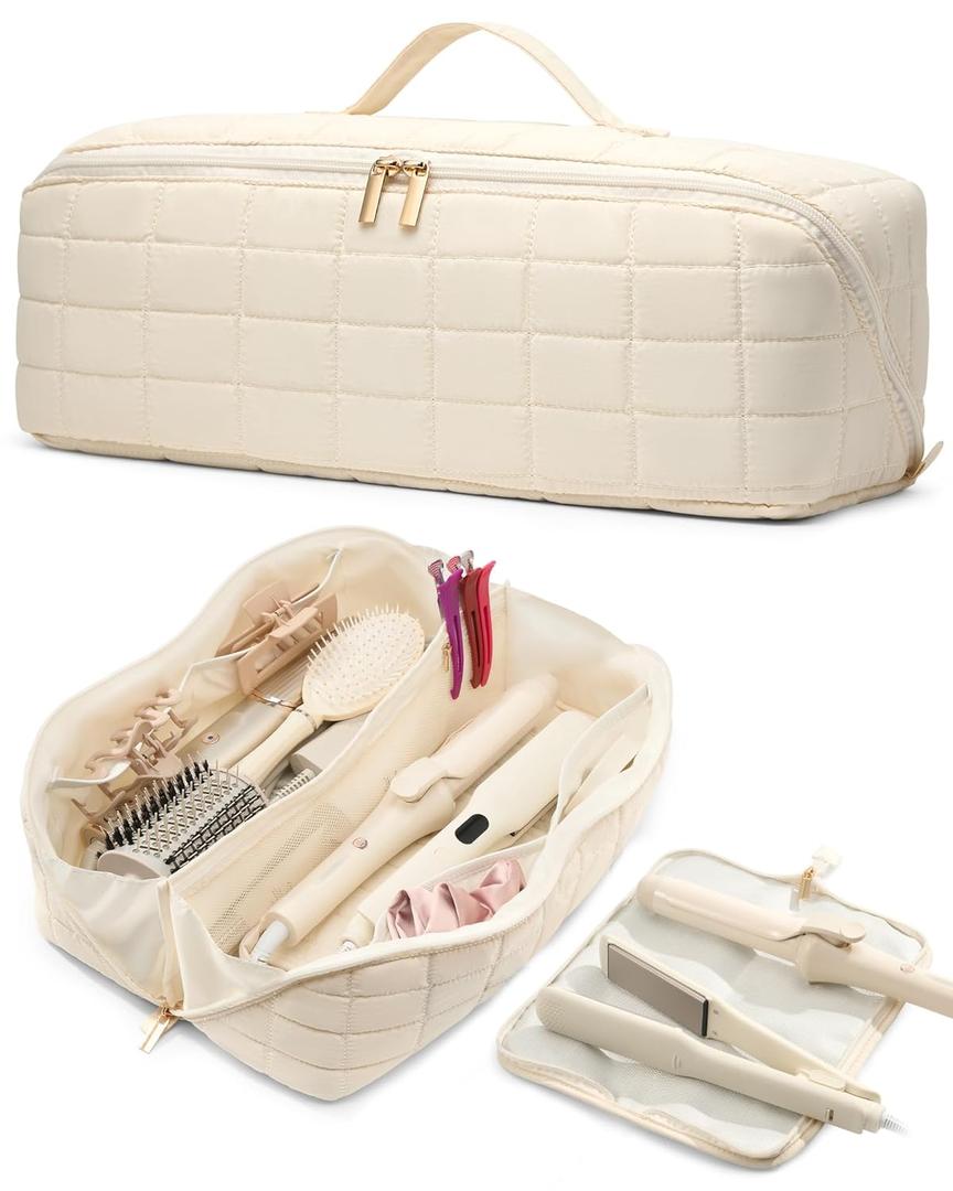 Hot Tools Travel Case with Heat Resistant Mat Pouch, Large Hair Tool Organizer Bag for Curling Iron Flat Iron Hair Dryer Hot Air Brush, Water Resistant Makeup Bag Gift for Women, Beige