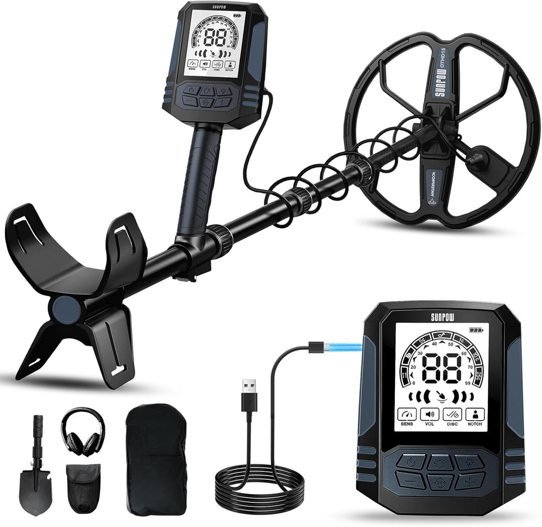 SUNPOW Rechargeable Metal Detector for Adults - 35H Battery All-Day Hunt - Waterproof Gold Detector with 10'' Deep Dual D-Coil, 4 Precision Modes for Beach & Yard, Adjustable Shaft  OTMD15 (Blue Black)