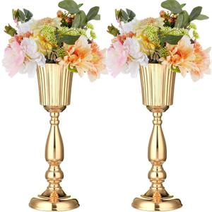2 Pcs Gold Vase Centerpiece Table Decorations - Metal Tabletop Flower Stand, Wedding Decorations for Reception, 15.6in Trumpet Tall Flower Vase for Birthday, Weddings, Anniversary Ceremony, Home Decor