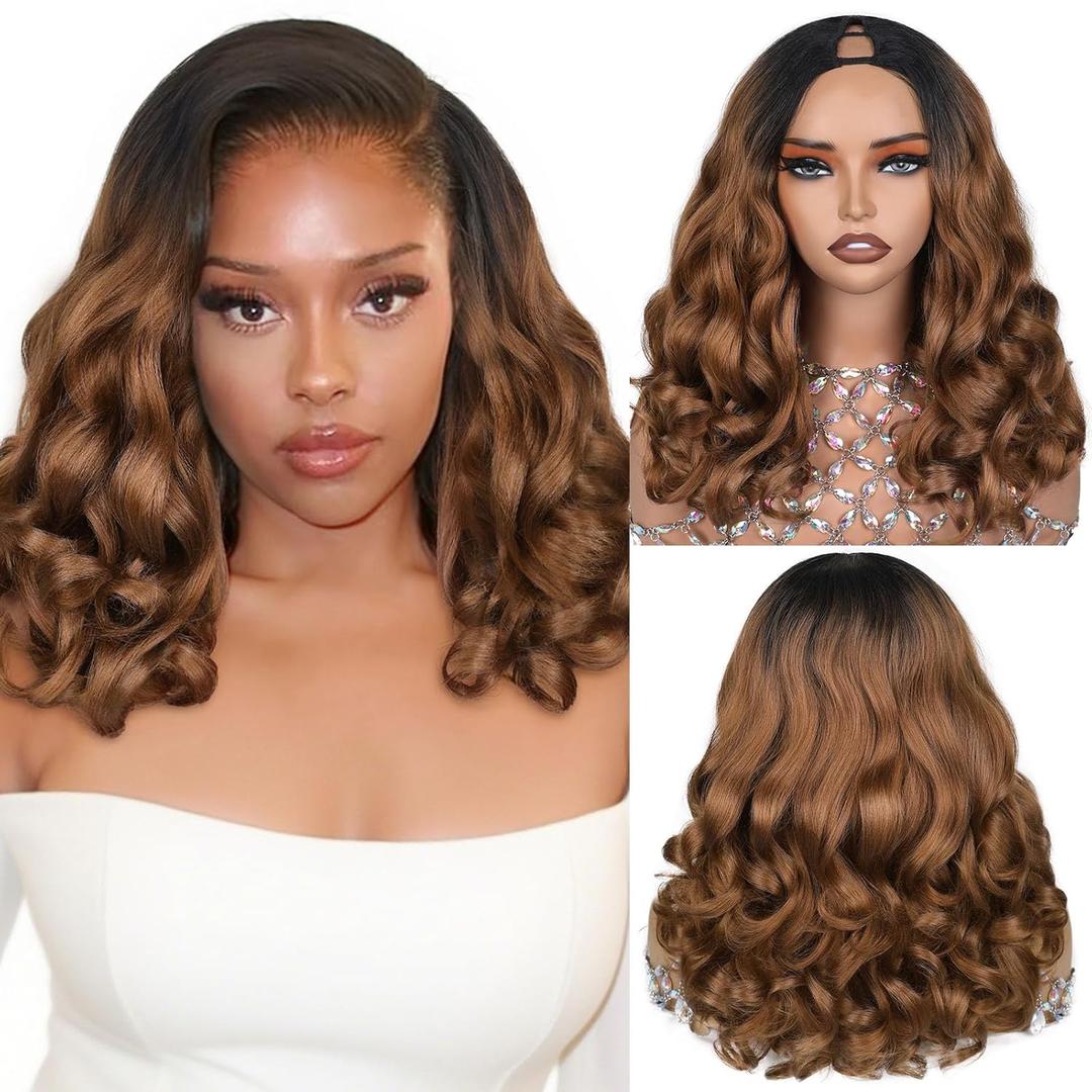 HANNE Yaki Curly V Part Wig U Part Synthetic Half wigs for Black Women 18 Inch Heat-Resistant Hair Replacement Wig (Ombre Brown)