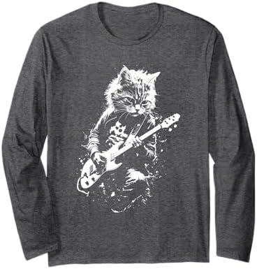 Distressed Cat Playing Guitar Punk Rock & Roll Vintage Long Sleeve T-Shirt. Size L