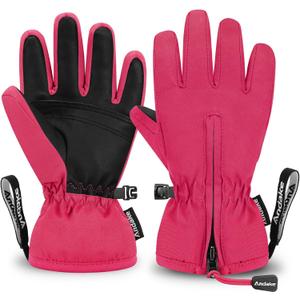 Andake Waterproof &Breathable Kids Snow Gloves, Toddler Winter Warm Ski Gloves for 2-14Y Boys Girls (Pink)