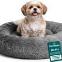 Furhaven 23" Round Calming Donut Dog Bed for Indoor Cats & Small Dogs, Washable, For Dogs Up to 20 lbs - Shaggy Plush Long Faux Fur Donut Bed - Gray, Small, 23.0"L x 23.0"W x 9.0"Th