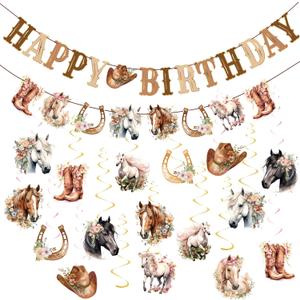 Horse Birthday Decorations,Horse Party Decorations for Girls,Cowgirl Hanging Swirls,Happy Birthday Banners, Western Party Supplies Women