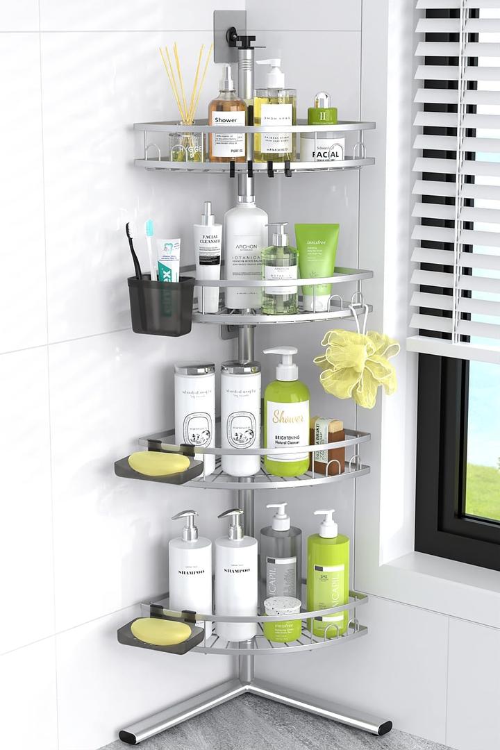Aitatty Standing Shower Caddy Corner: 4-tier Rustproof Shower Organizer Shelf - Floor Shower Corner Shelf Rack Stand for Bathroom Chrome, 7.4"D x 7.4"W x 50.4"H