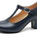 Women's T-Strap Mary Jane Pumps, 2.56 Inch Block Heel, Round Toe Dress Shoes 38