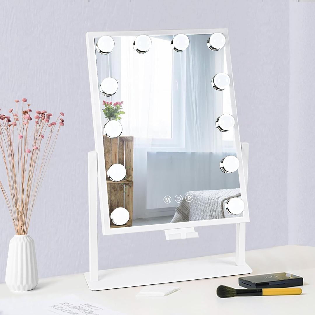 Vanity Mirror with Lights, Hollywood Lighted Makeup Mirror with Phone Holder, Smart Touch Control, 3 Color Lighting Modes, Detachable 10X Magnification, 360Rotation (White)