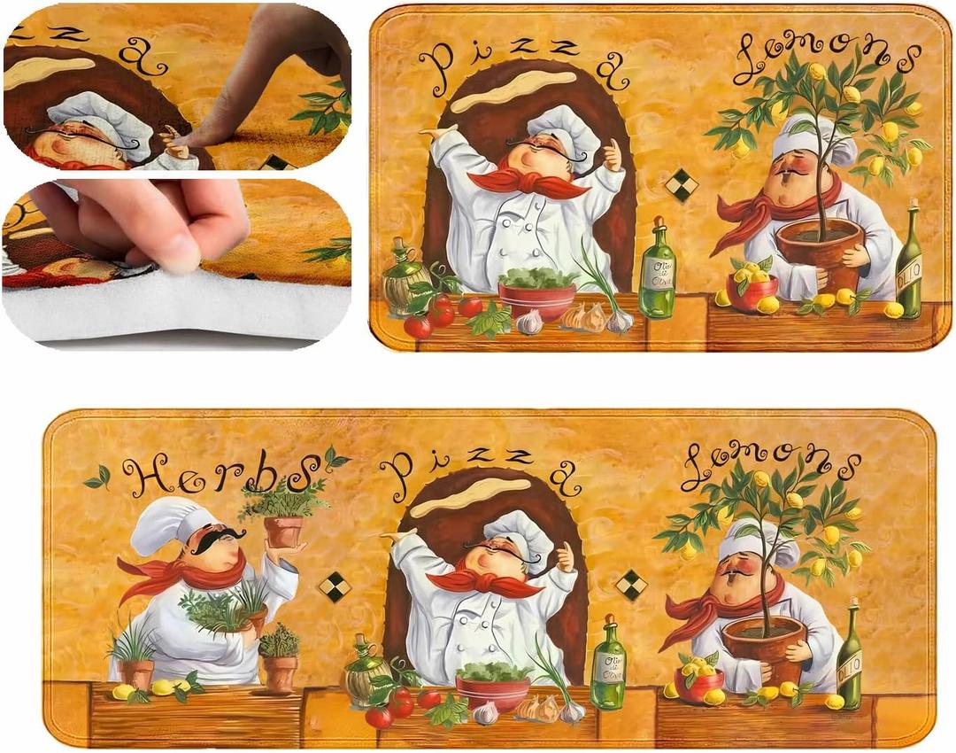 Chef Rug for Kitchen Floor, Fat Chef Kitchen Mats for Floor 2 Piece, Italian Kitchen Rugs Sink Front and Memory Foam Kitchen Mats Cushioned Anti Fatigue for Farmhouse Kitchen Decor 17"x30"+17"x47"