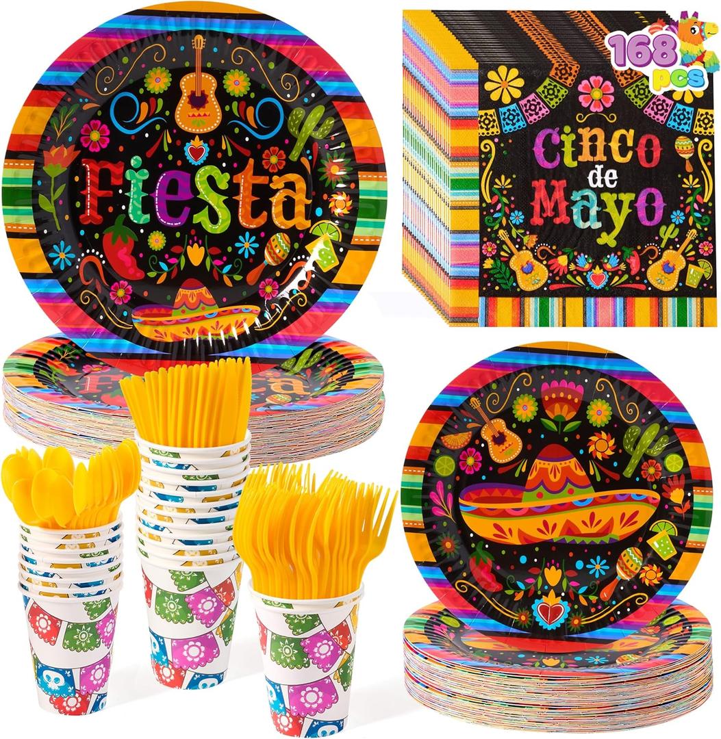 JOYIN 168 Pcs Fiesta Party Decorations, Mexican Theme Paper Plates and Napkins Set for 24 Guests, Cinco De Mayo Colorful Mexico Platters Tableware Set, Mayo Dance Pinata Taco Colorful Theme Party
