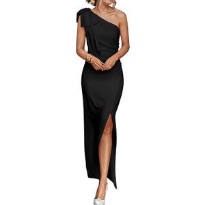 PRETTYGARDEN Summer One Shoulder Long Formal Women's Dress Sleeveless Ruched Bodycon Wedding Guest Slit Maxi Dresses (Medium, Black)