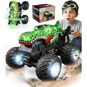 BEZGAR 1:20 Monster Truck Toys, 360°Stunt RC Cars Rotation Dinosaur Toys with Music, 2 Batteries and Wireless LED Strobe Lights, Remote Control Car for Boys 4 5 6 7 8 9 Years Old(Green)