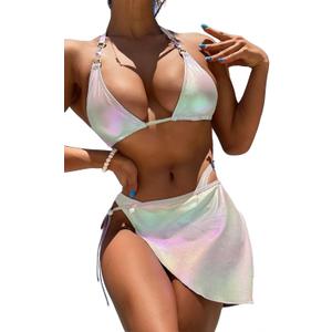 Women's Sexy Liquid Metallic Diamond Triangle Bikini Bathing Suit Tie Side Thong with Glitter Skirt 3 Piece Swimsuit (Medium, White)