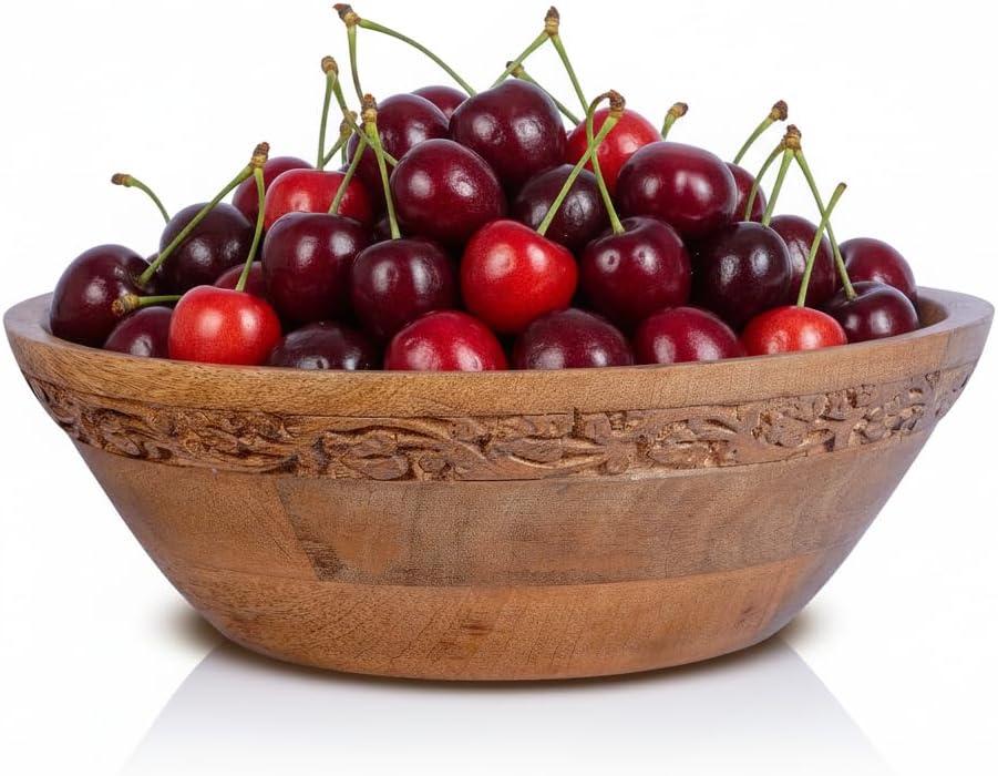 Mela Artisans Wooden Fruit Bowl | Medium Burnt Finish | 9 Mango Wood Serving Bowl with Felt Pads | Multipurpose for Kitchen Countertop |Salad | Snacks | Breads & More | Natural Grain Texture