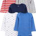 Simple Joys by Carter's Baby-Boys Long-Sleeve Bodysuit Pack of 5Bodysuit (0-3 Months, Blue/Grey Trucks/Red Stripe)