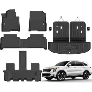 Floor Mats for 2021-2025 2026 Kia Sorento 6&7 Seats Hybrid Trunk Mat with Backrest Mat All Weather TPE Rubber Cargo Liner Back Seat Cover 3rd Row for 2021-2026 Kia Sorento Accessories