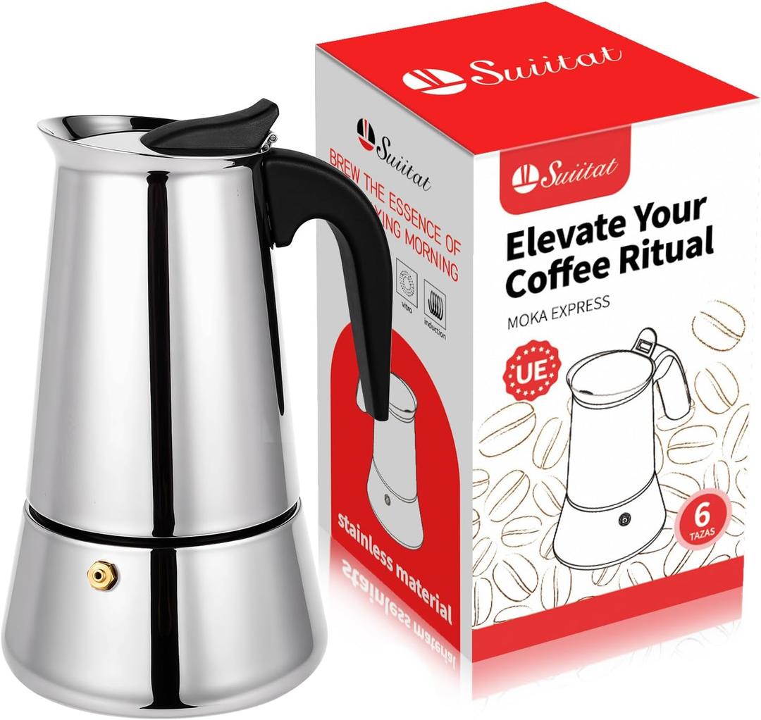Moka Pot, 6 Cups (10.6 oz) Stovetop Espresso Maker, 304 Stainless Steel Moka Pot, Induction Compatible, Silver