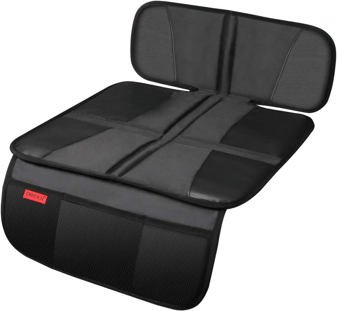 Car Seat Protector - Seat Protection Mat - Thick Padding - Durable, Waterproof Fabric, Leather Reinforced Corners & 3 Pockets for Handy Storage Black (1 Standard Black)
