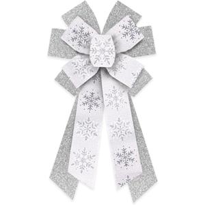 Large Christmas Wreath Bows, Christmas Glitter Silver Snowflakes Burlap Linen Bows for Wreath, Large Tree Topper Ribbon Bow for New Year Indoor Outdoor Xmas Party Decoration Wreath Ornament Supplies