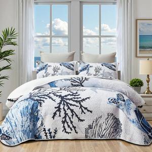 weesire Coastal Bedding King Size Coastal Quilt with 2 Shams, Nautical Beach Comforter Sets Ocean Bedspreads Blue Seaturtle Coverlet Summer Bedding, 96''x106''