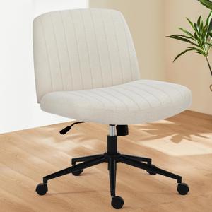Sweetcrispy Criss Cross Chair Legged, Armless Office Desk Chair with Wheels, Swivel Vanity Height Adjustable Wide Seat Computer Task Seating - Fabric Beige