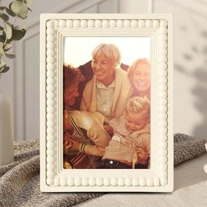 Geelin 4 x 6 Wooden Beaded Picture Frame Display Picture 4 x 6 Boho Farmhouse Photo Frame Birthday Wedding Anniversaries Gift for Vintage Rustic Wall and Tabletop Display Decor, Beige (5 x 7, White)