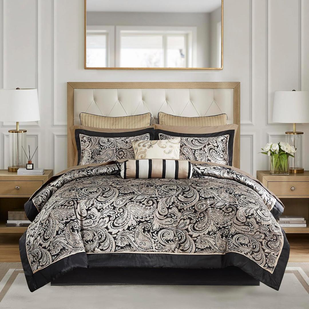 Madison Park Jacquard Queen Comforter Set with Cotton Sheets, Black, 12pc
Faux Silk Paisley , Down Alternative, Machine Washable, Wrinkle Resistant, Cozy Bedding Set, Bed in a Bag, All Season