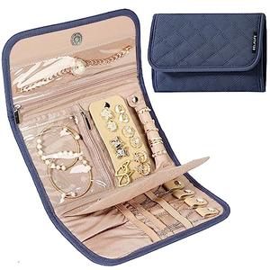 BELALIFE Travel Jewelry Case Organizer, Foldable Storage Roll for Earrings, Necklaces, Rings, Bracelets, Brooches, Blue-Gray