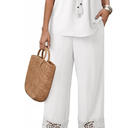 2 Piece Sets for Women Summer Spaghetti Strap Tie Knot Top Lace Wide Leg Pants Set, White, Size S