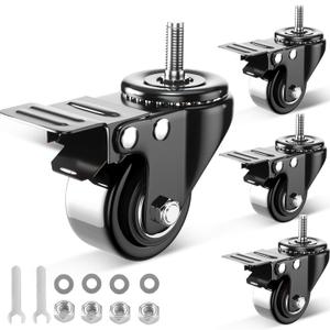 2 Inch Stem Caster Wheels 600lbs, Threaded Stem Casters Set of 4 Heavy Duty, 1/4"-20x1 (Screw Diameter 1/4", Stem Length 1"), Safety Dual Locking Industrial Castors, Wheels for Cart, Furniture