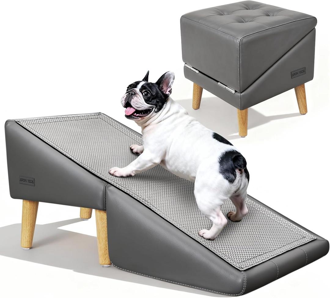 Dog Stairs for Small Dogs and Cats 16" H - with Encrypted Dot-Grip Non-Slip Surface, 2-in-1 Pet Ramp & Steps for Bed/Couch, Foldable Split Ottoman with Solid Wood Frame, Sturdy & Portable for Puppies (Gray)