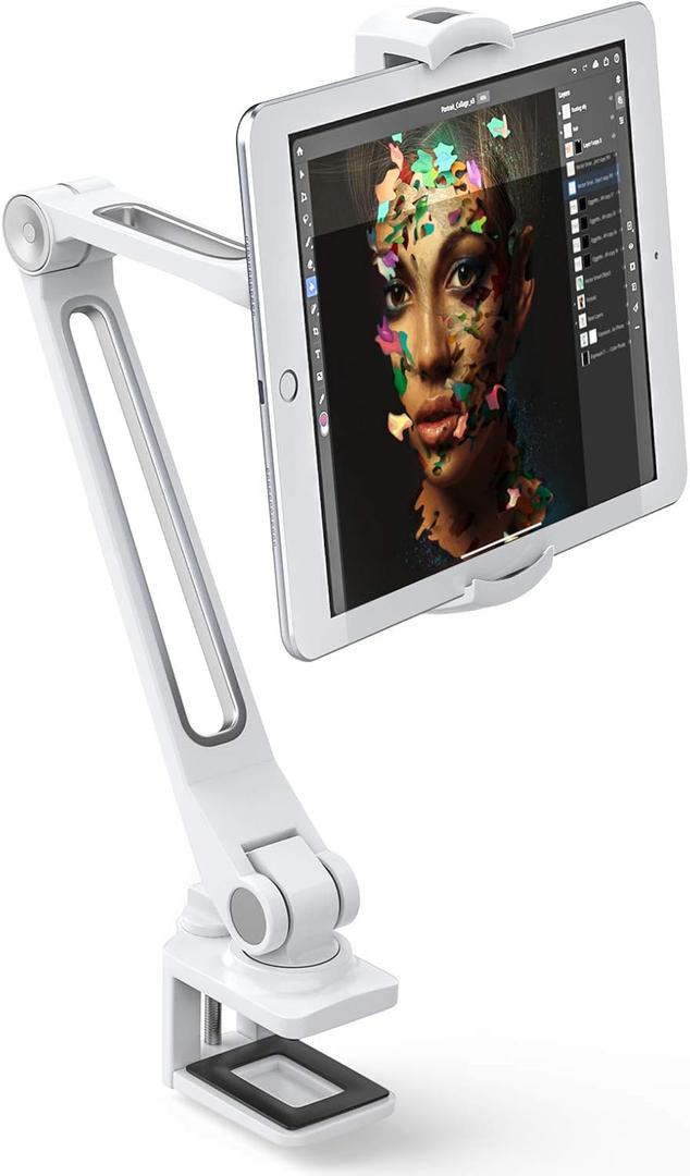 AboveTEK iPad Desk Mount, Multi-Angle Adjustable Tablet Clamp Holder, 360 Swivel Arm Aluminum Tablets Stand, Fits 4"-11" Tablet/Phone/iPad mini for Home Office Kitchen Bedside (White)