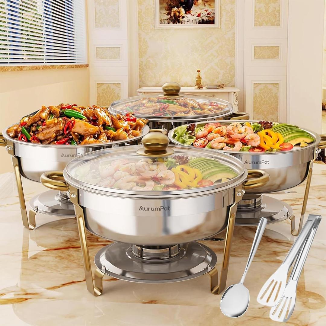 Chafing Dishes for Buffet 4 Pack, 6QT Stainless Steel Round Chafing Dish Buffet Set for Parties, Wedding, Christmas Gatherings, Catering Events[Visible Glass Cover] Buffet Servers and Warmers