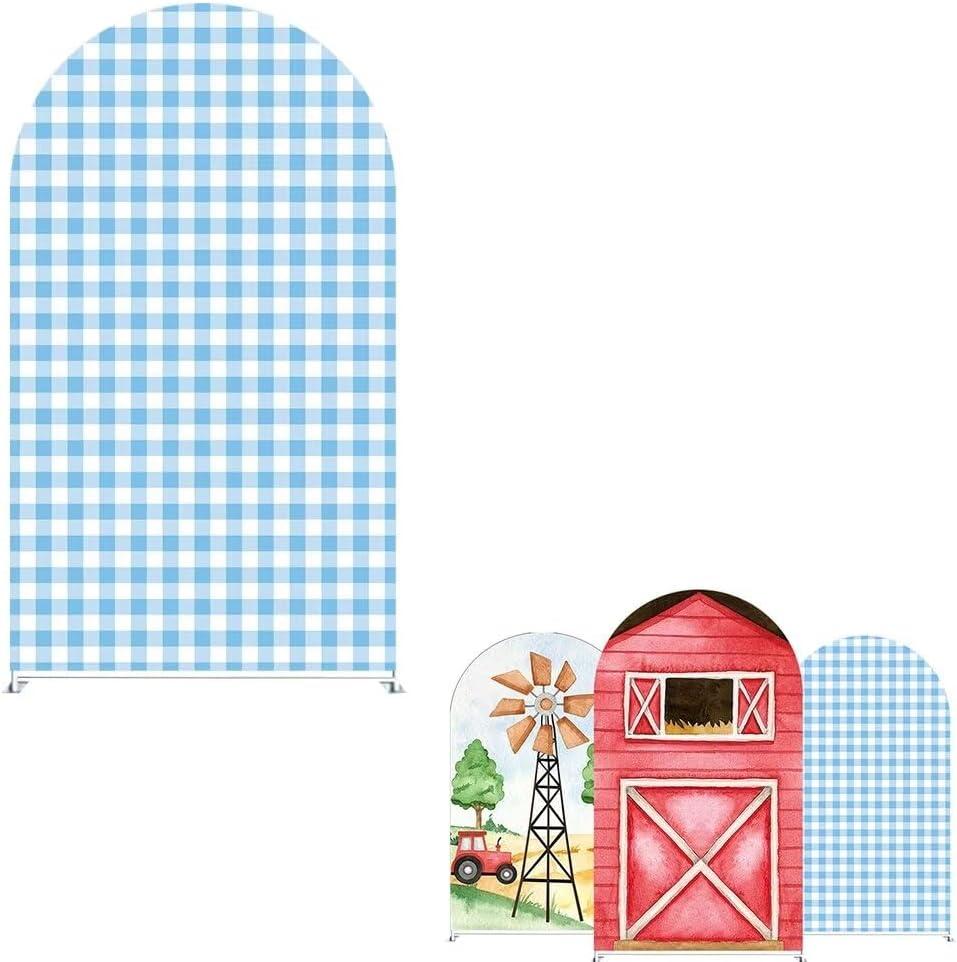 Blue Plaids Farm Theme Arches Backdrop Cover with Stand for Kids Cows Birthday Party Arch Background Stand Stretchy Fabric Covers Baby Shower Decor Banner Decorations 3.3x6.5FT
