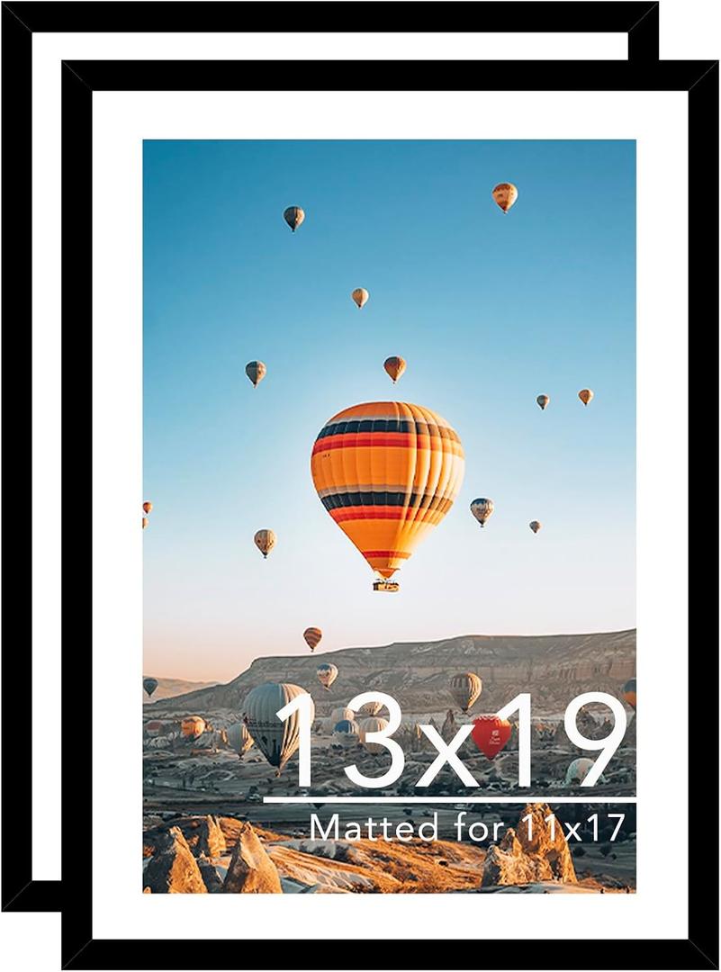 JCJMY 13x19 Picture Frame Set of 2 with 11x17 Mat, Black 13 x 19 Poster Frames with Shatter Resistant Plexiglass, Display 11 x 17 with Mat or 13 by 19 Without Mat, Sturdy Wall Hanging Frames