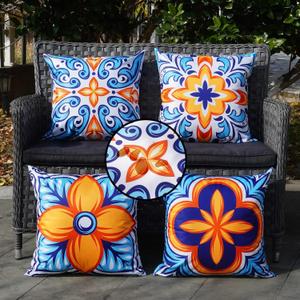 ONWAY Outdoor Pillow Covers Waterproof 20x20 Set of 4 Floral Boho Decorative Throw Cushion Cover Farmhouse Pillows for Bench, Couch, Patio Furniture (Blue, Orange)