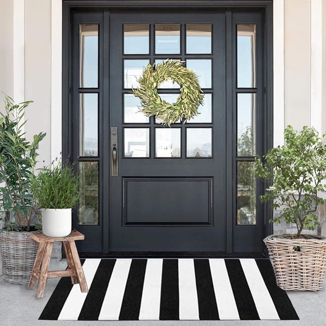 Black and White Striped Rug (23.6 x 51.2 Inches), Striped Layering Mats, Handmade Woven Indoor Outdoor Doormats Striped Rug for Kitchen/Laundry/Bathroom/Living Room
