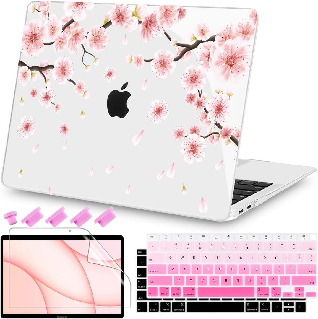 Teryeefi New MacBook Air 13 Inch Case 2021 2020 2019 2018 Release A2337 M1/ A1932/A2179 with Retina Display Touch ID, Floral Hard Plastic Shell Case and Keyboard Cover,Cherry Blossoms
