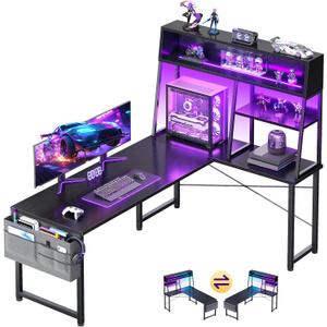 AODK L Shaped Gaming Desk with Led Lights, 59 Inch Reversible Gaming Computer Desk with Display Shelves, PC Gamer Desk Gamer Table with Storage Bag, L Desk for Game, Black