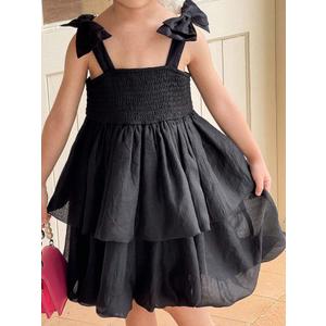 Oung Girl Elegant Patchwork Jacquard Organza, Mesh Dress, Bow Decoration On The Shoulder Cake Dress, L