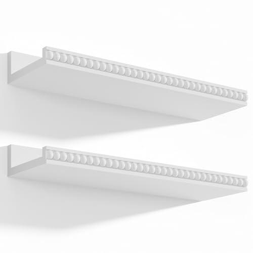 Alsonerbay White Floating Shelves Wall Mounted Set of 2, 15.7 Inch Modern White Shelves with Lip, Wood Wall Shelves with Wooden Beads for Bathroom Bedroom Living Room Nursery and More