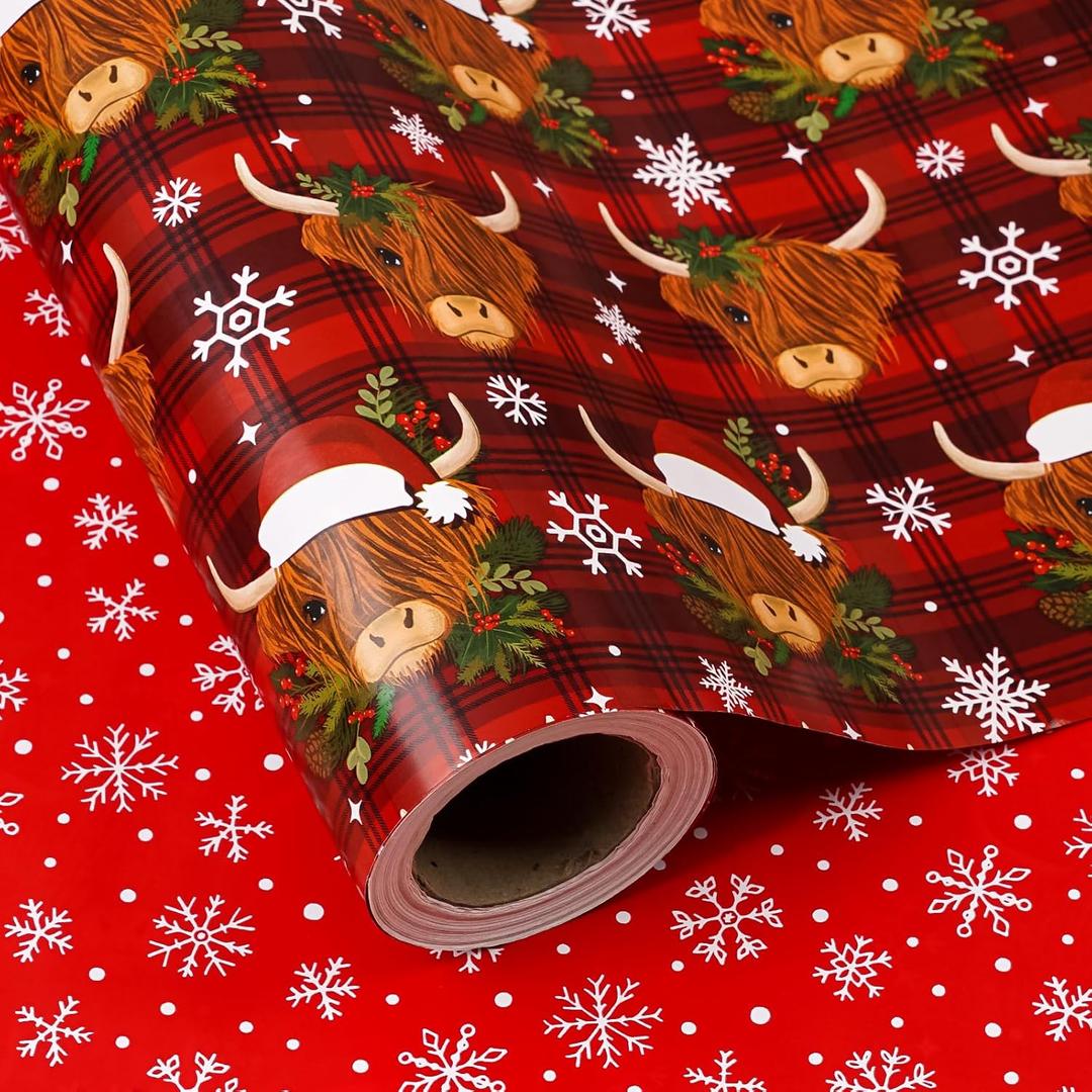 WRAPAHOLIC Reversible Highland Cow Christmas Wrapping Paper - Mini Roll - 17 Inch x 33 Feet - Cow and Snowflake Wrapping Paper for Xmas Holiday, Party Celebration