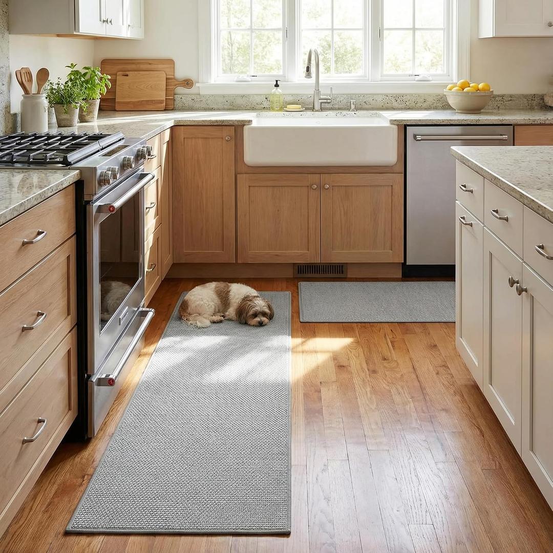GRANNY SAYS Kitchen Mats for Floor, Kitchen Rugs Sets of 2 Non Slip Washable, Absorbent Kitchen Runner Rugs, 1730 + 1747 Anti Fatigue Kitchen Floor Mat 2 Piece with Rubber Backing, Grey