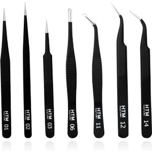 HengTianMei 7Pcs Precision Micro Tweezers Set, Anti-Static Stainless Steel, 3 Sharp Pointed Tweezers, 2 Curved Tweezer, 2 Serrated Tweezer for Eyelash Extensions, Craft, Jewelry, Soldering,Electronics