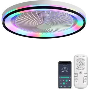 CACI Mall RGB Ceiling Fan with Lights and Remote, Low Profile Flush Mount Modern Bladeless Smart Ceiling Fan for Bedroom Kids Room Living Room, 19 Inch, White
